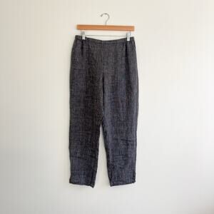 Flax By Jeanne Engelhart Linen Black Checked Pattern Textured Pull On Pants